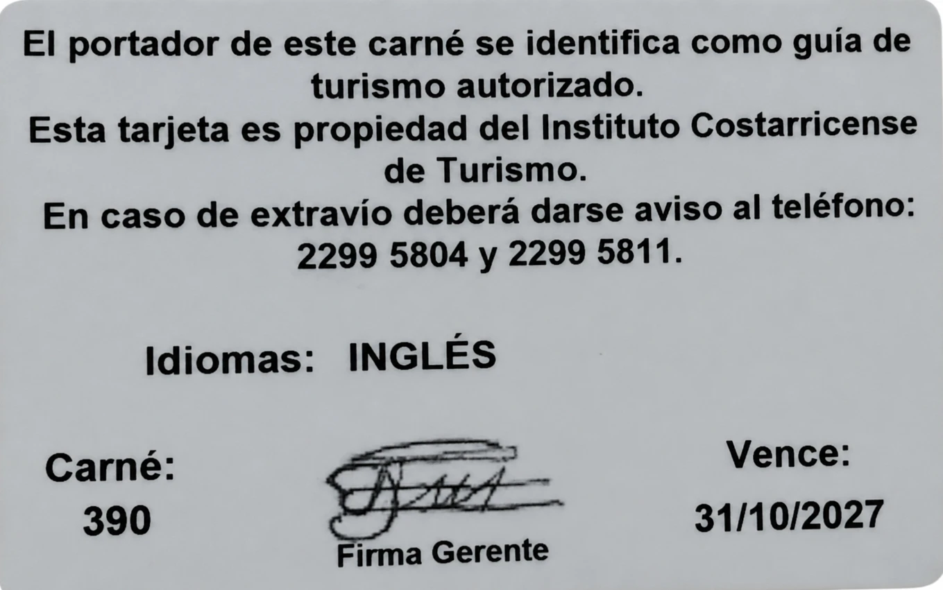 ICT certified naturalist tourism guide license of Juan Carlos Calvo, Costa Rica (back)