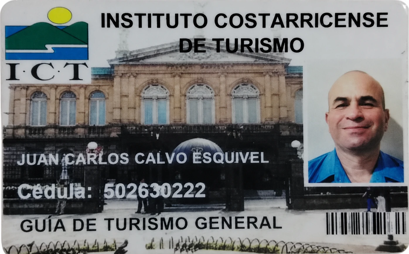 ICT certified naturalist tourism guide license of Juan Carlos Calvo, Costa Rica (front)